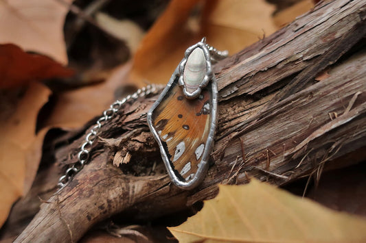 "Mother Fritillary" Real Fritillary Butterfly Wing Mother of Pearl Pendant