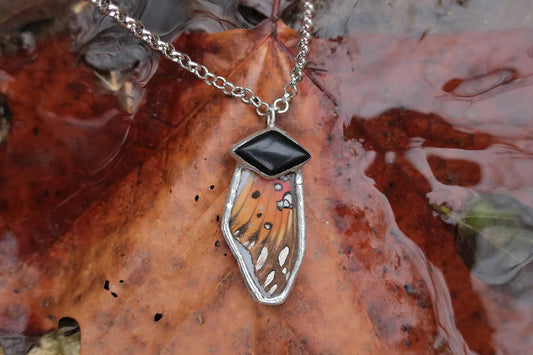 "El Poder" Real Fritillary Butterfly Wing Onyx Pendant