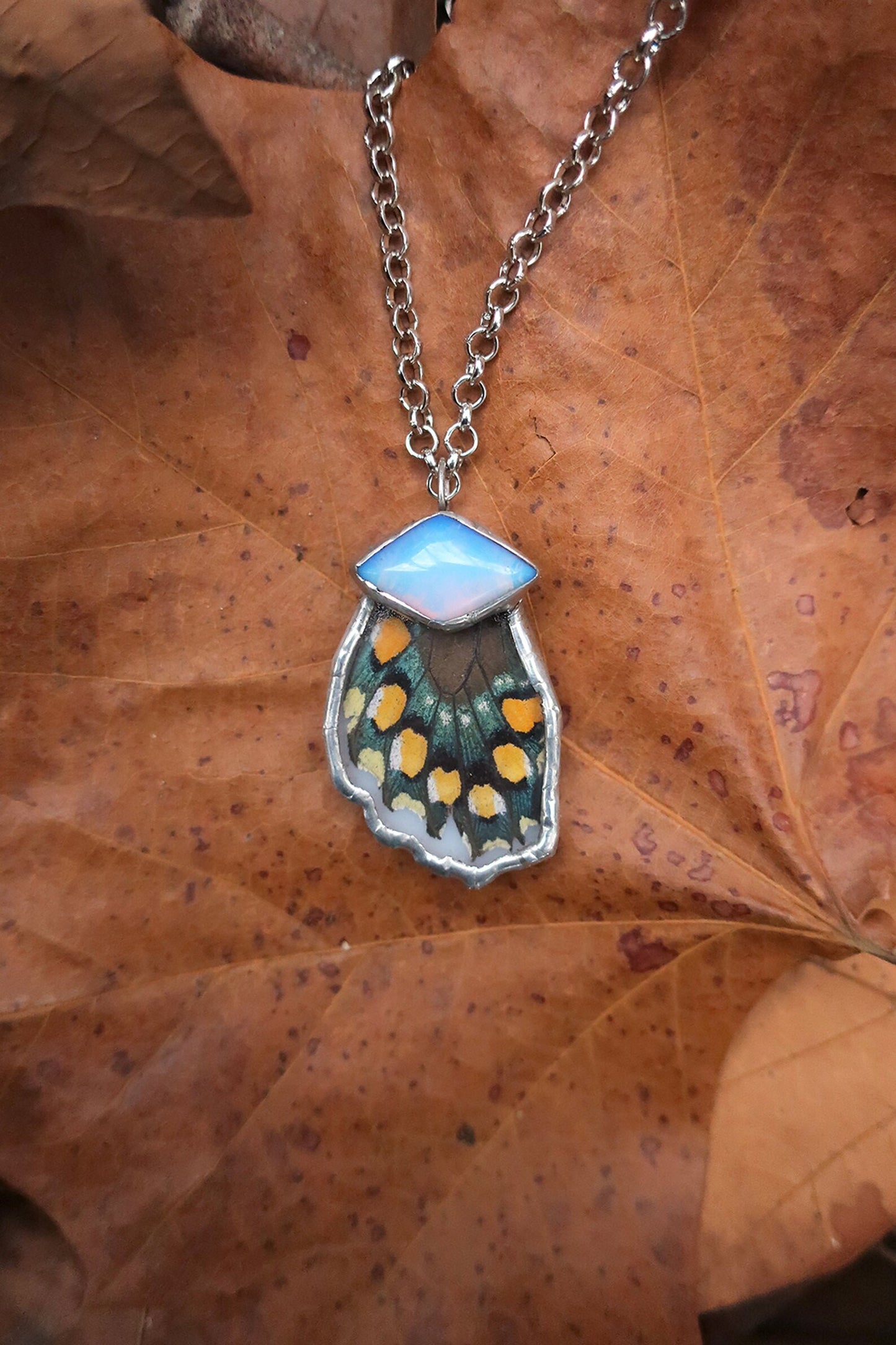 "Natus" Real Swallowtail Butterfly Iridescent Wing With Opal Pyramid Stone Silver Pendant