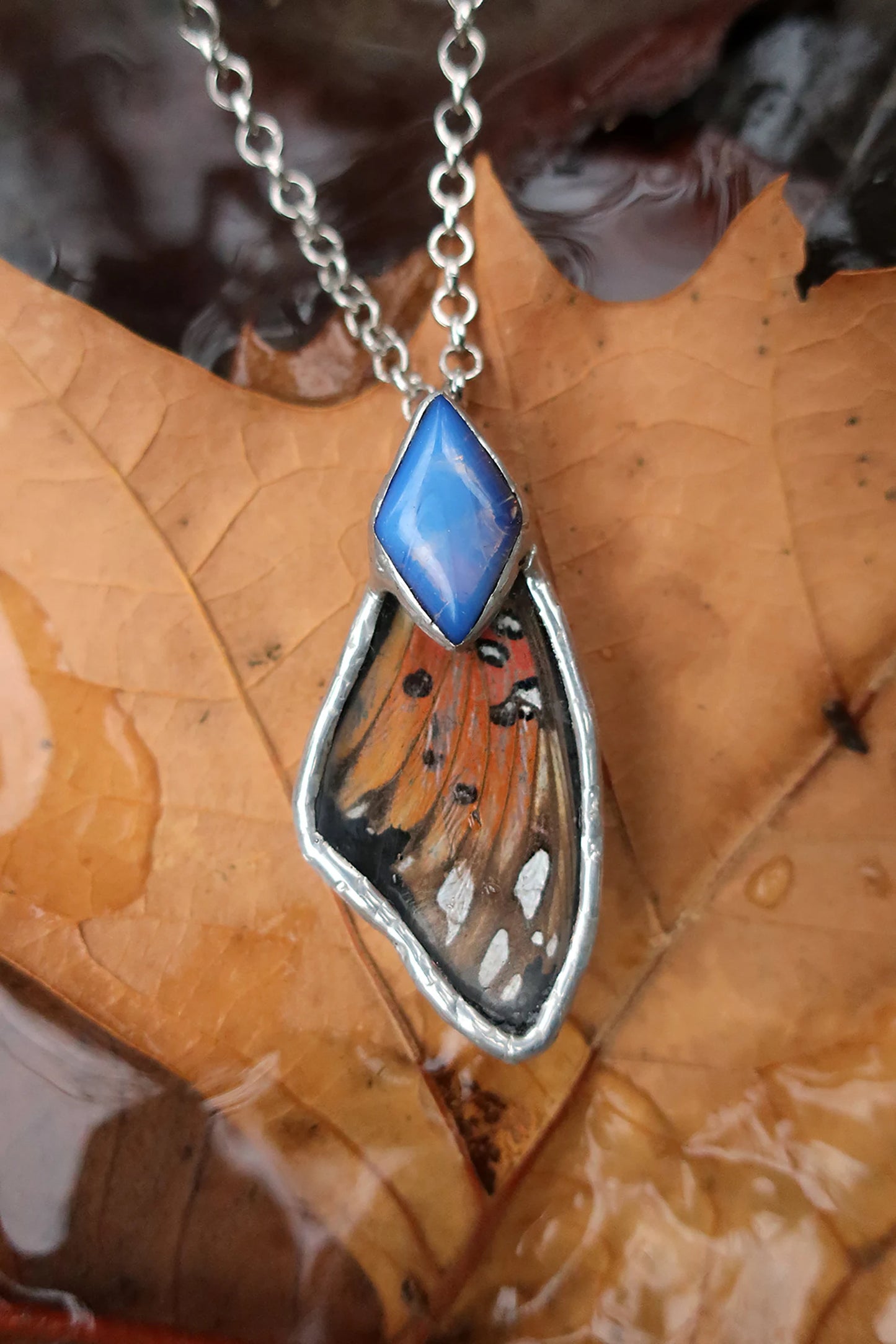 "Soothsayer" Real Fritillary Butterfly Wing and Opal Pendant