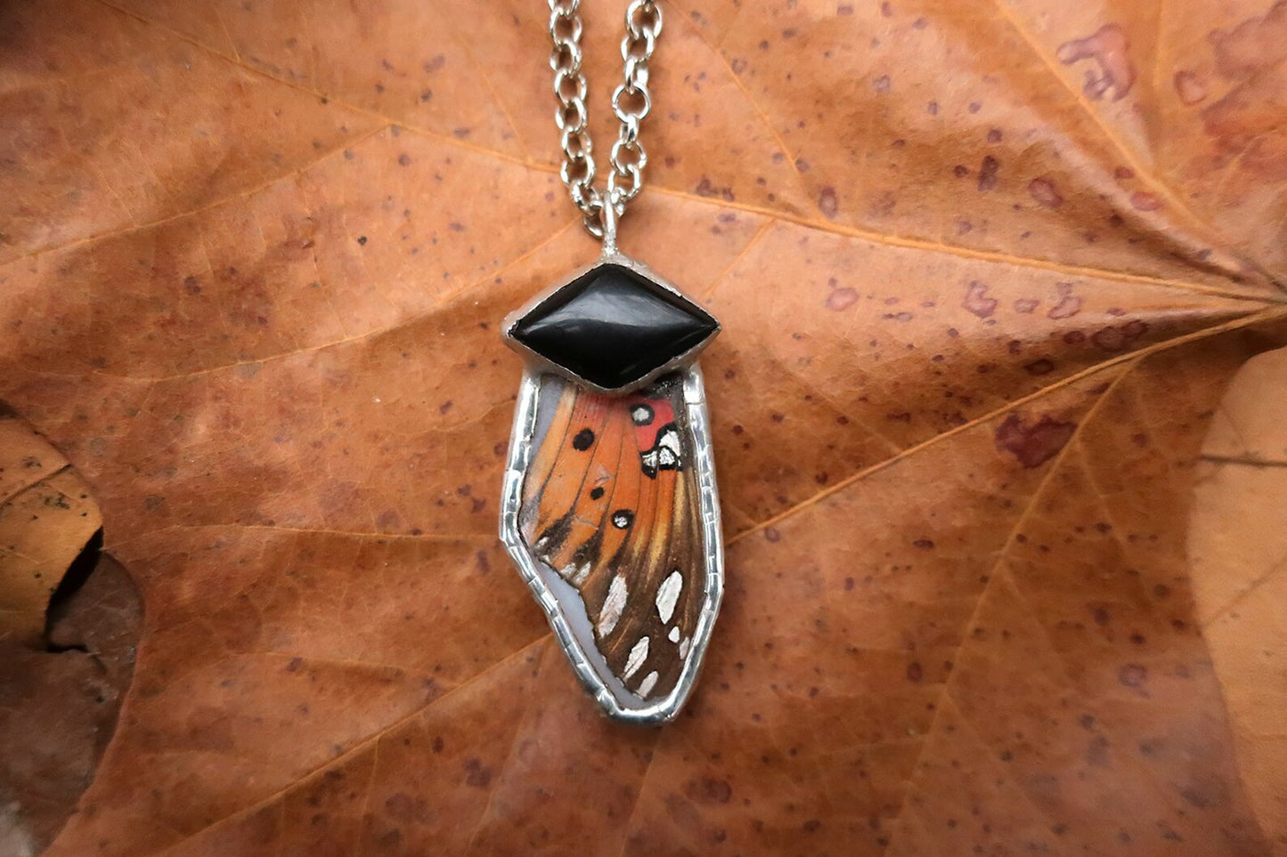 "El Poder" Real Fritillary Butterfly Wing Onyx Pendant