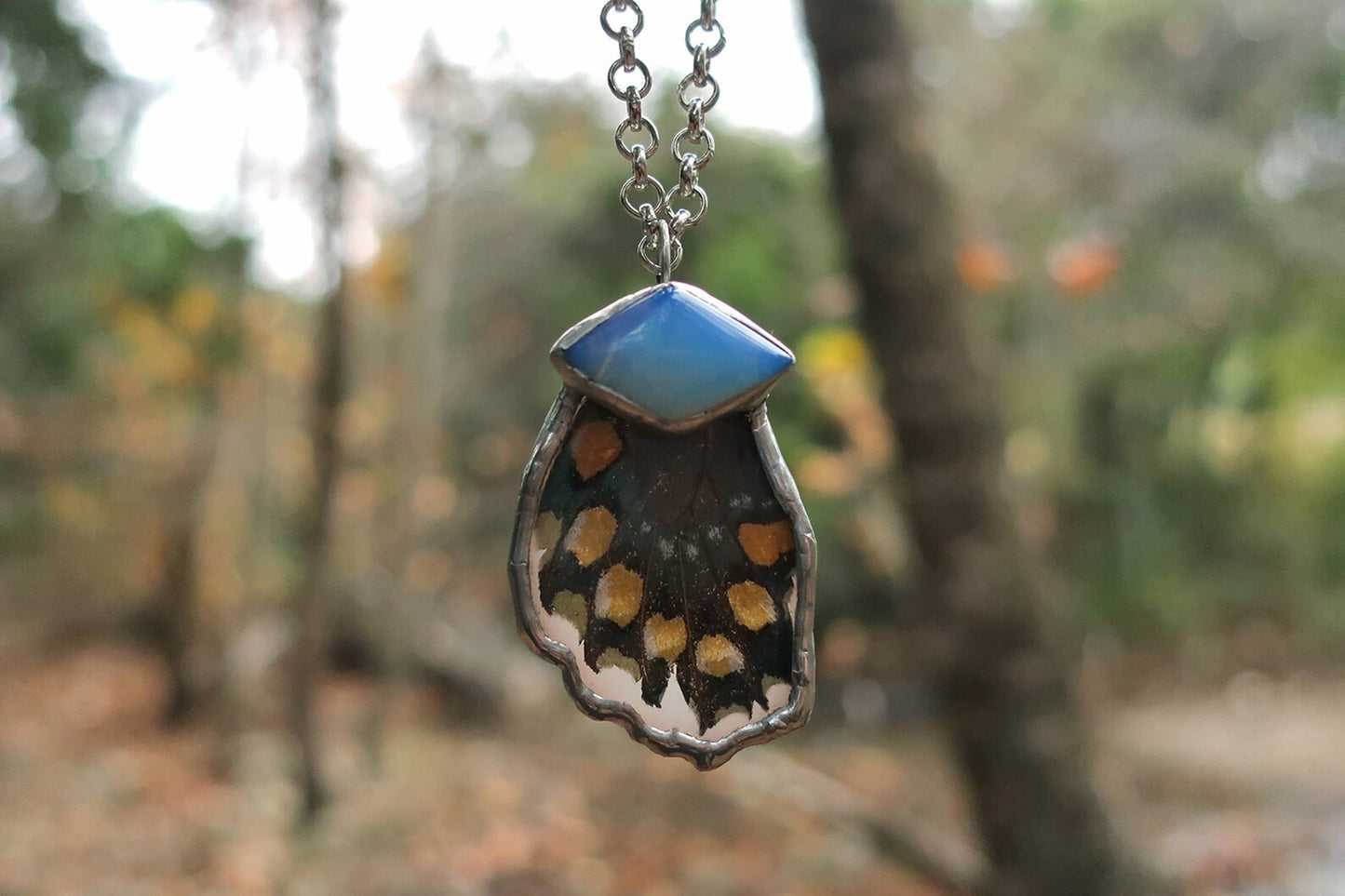 "Natus" Real Swallowtail Butterfly Iridescent Wing With Opal Pyramid Stone Silver Pendant