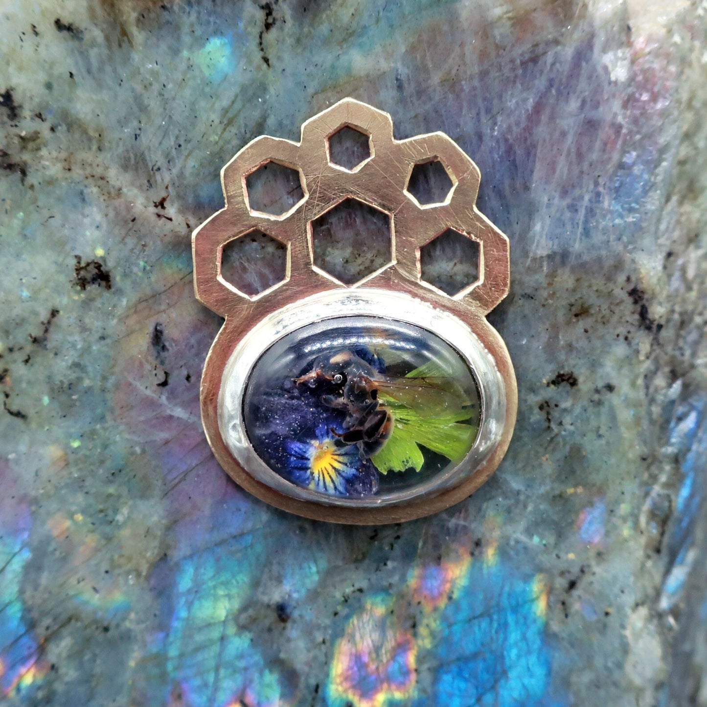 "Honeycomb" Yellow Brass Real Bee with Violet Fern Cabochon Pendant