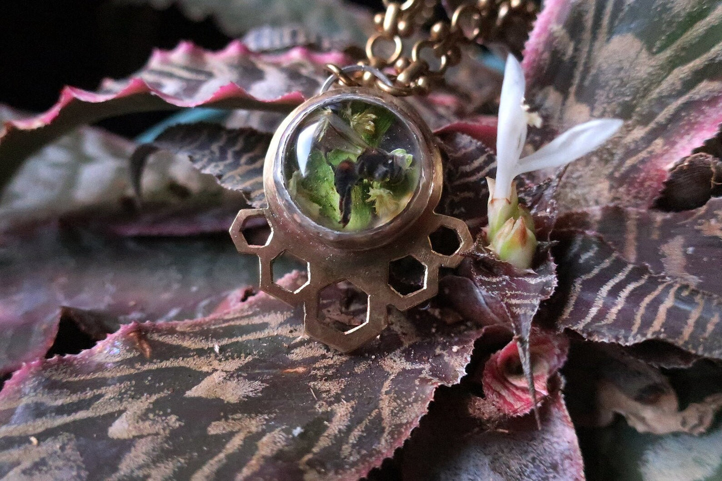 "Honeydrop" Real Bee Brass Pendant